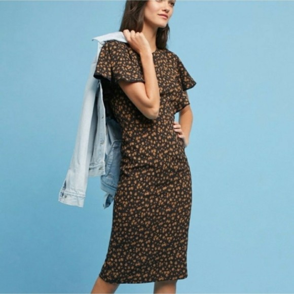 Tracy Reese Dresses & Skirts - Tracy Reese Anthropologie Dress 12 Black Brown Floral Ruffle-Sleeve Straight